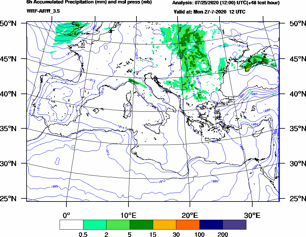 6h Accumulated Precipitation (mm) and msl press (mb) - 2020-07-27 06:00