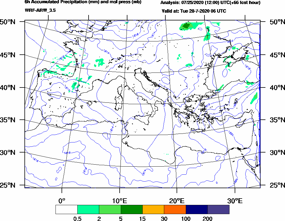 6h Accumulated Precipitation (mm) and msl press (mb) - 2020-07-28 00:00