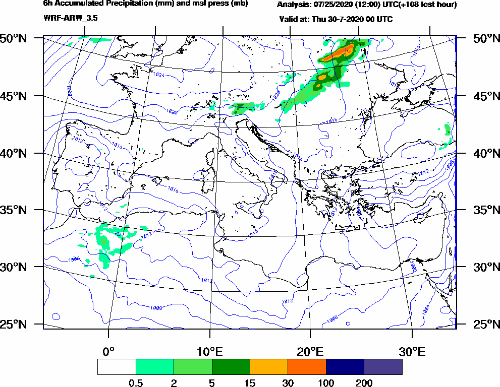 6h Accumulated Precipitation (mm) and msl press (mb) - 2020-07-29 18:00