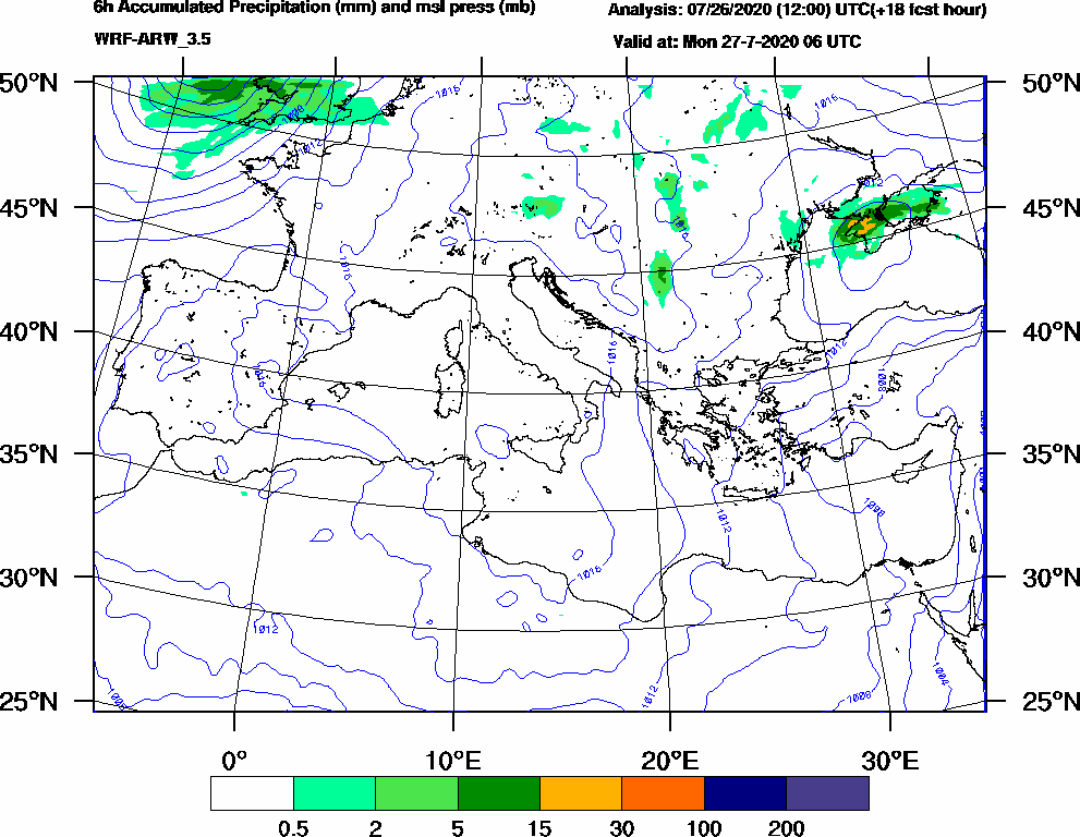 6h Accumulated Precipitation (mm) and msl press (mb) - 2020-07-27 00:00