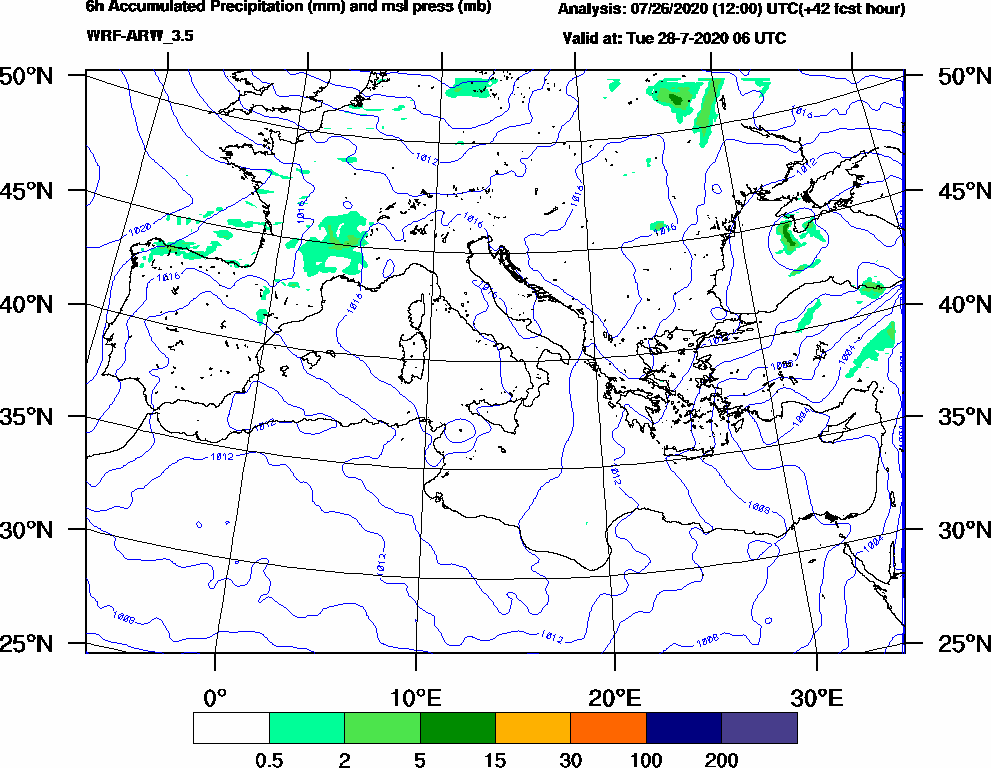 6h Accumulated Precipitation (mm) and msl press (mb) - 2020-07-28 00:00
