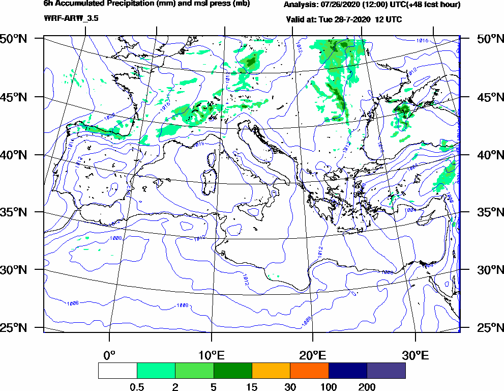 6h Accumulated Precipitation (mm) and msl press (mb) - 2020-07-28 06:00