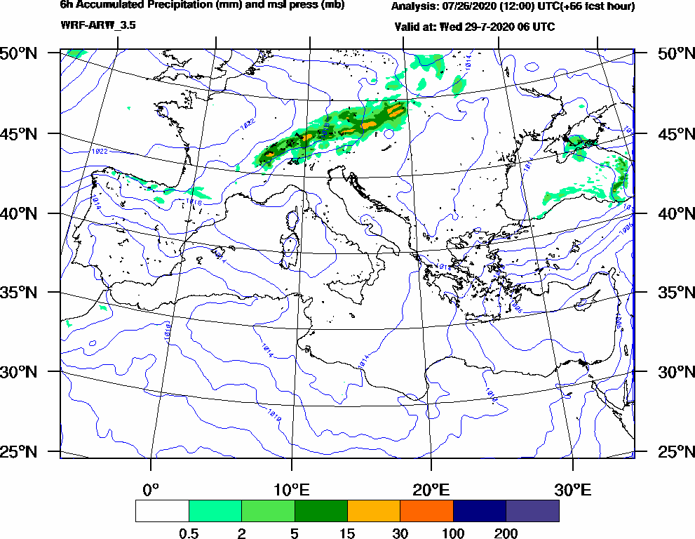 6h Accumulated Precipitation (mm) and msl press (mb) - 2020-07-29 00:00