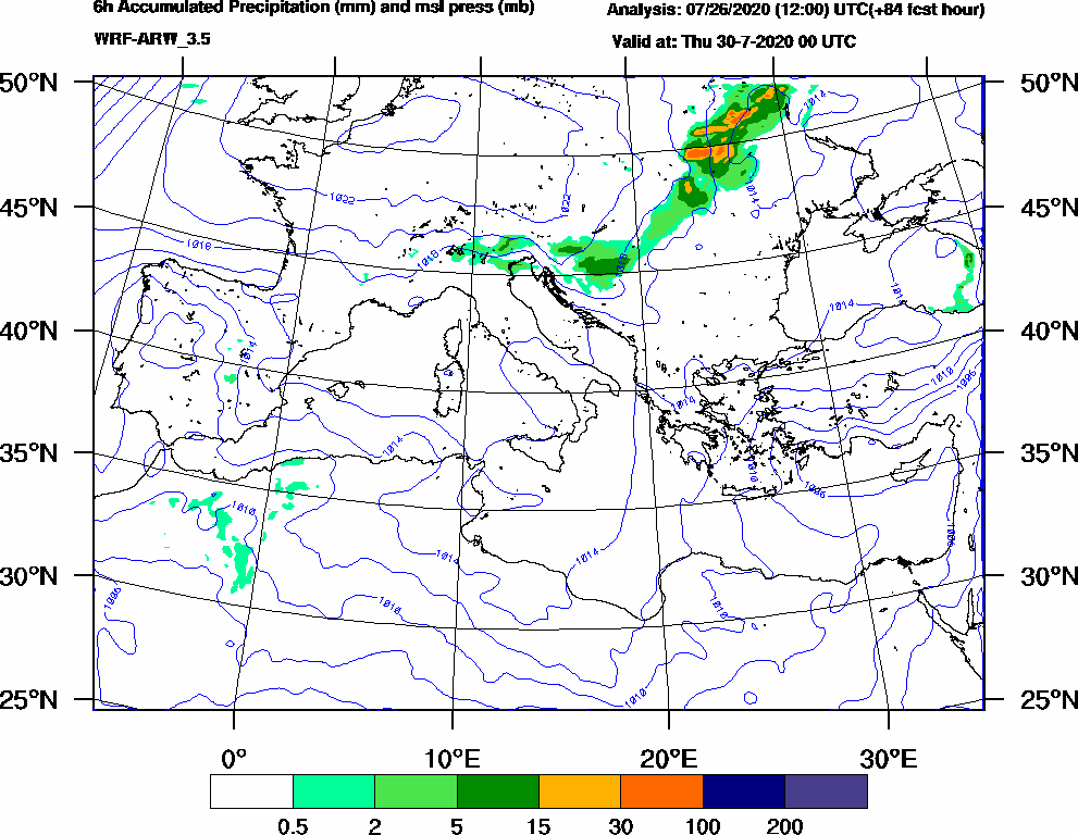6h Accumulated Precipitation (mm) and msl press (mb) - 2020-07-29 18:00