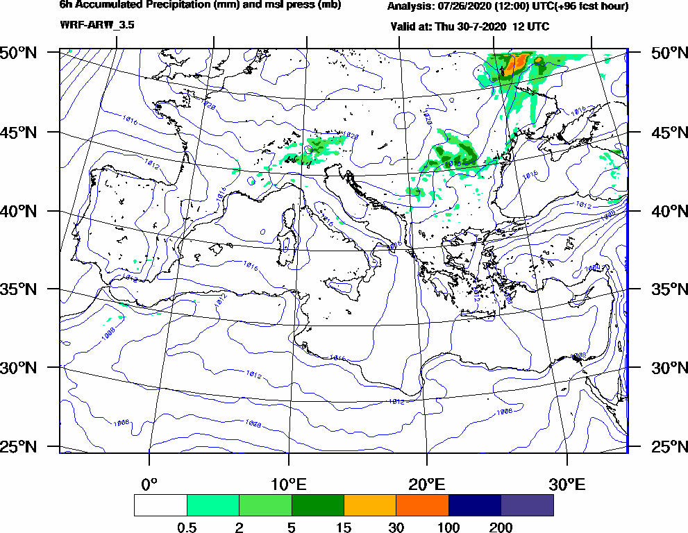 6h Accumulated Precipitation (mm) and msl press (mb) - 2020-07-30 06:00