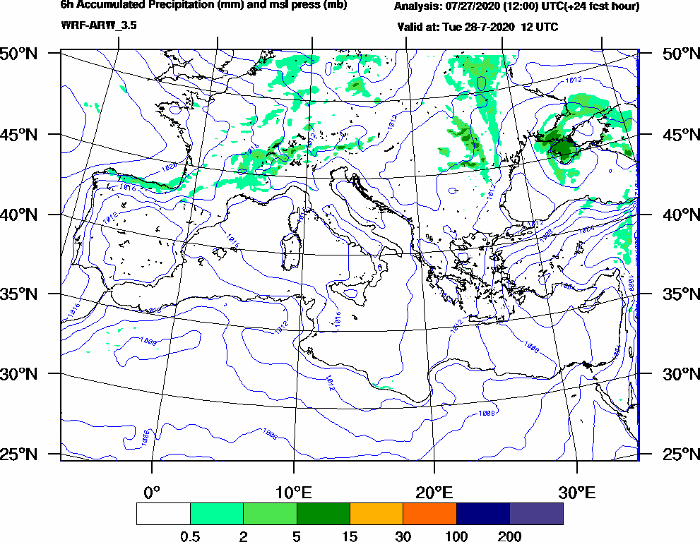 6h Accumulated Precipitation (mm) and msl press (mb) - 2020-07-28 06:00