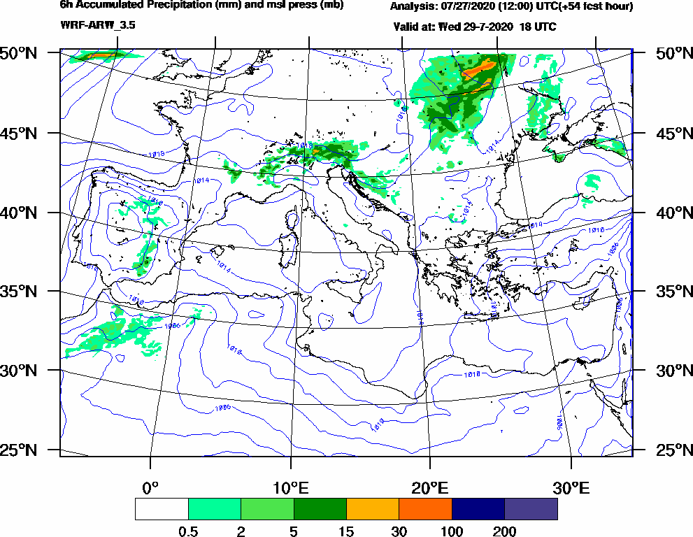 6h Accumulated Precipitation (mm) and msl press (mb) - 2020-07-29 12:00