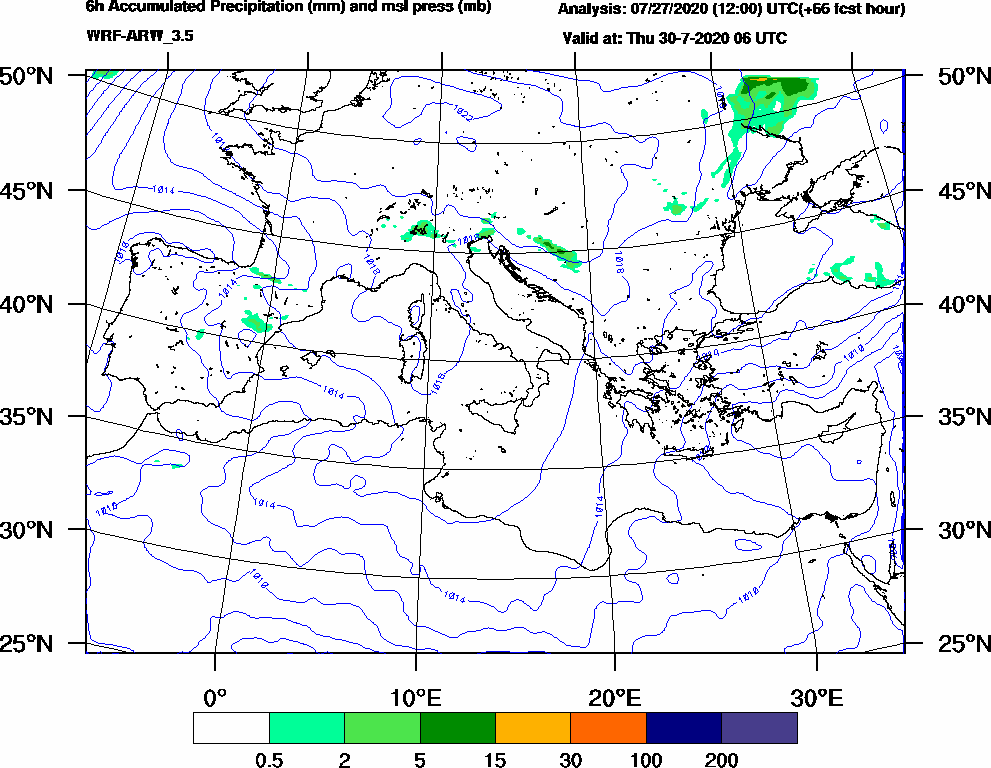6h Accumulated Precipitation (mm) and msl press (mb) - 2020-07-30 00:00