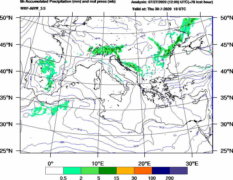 6h Accumulated Precipitation (mm) and msl press (mb) - 2020-07-30 12:00