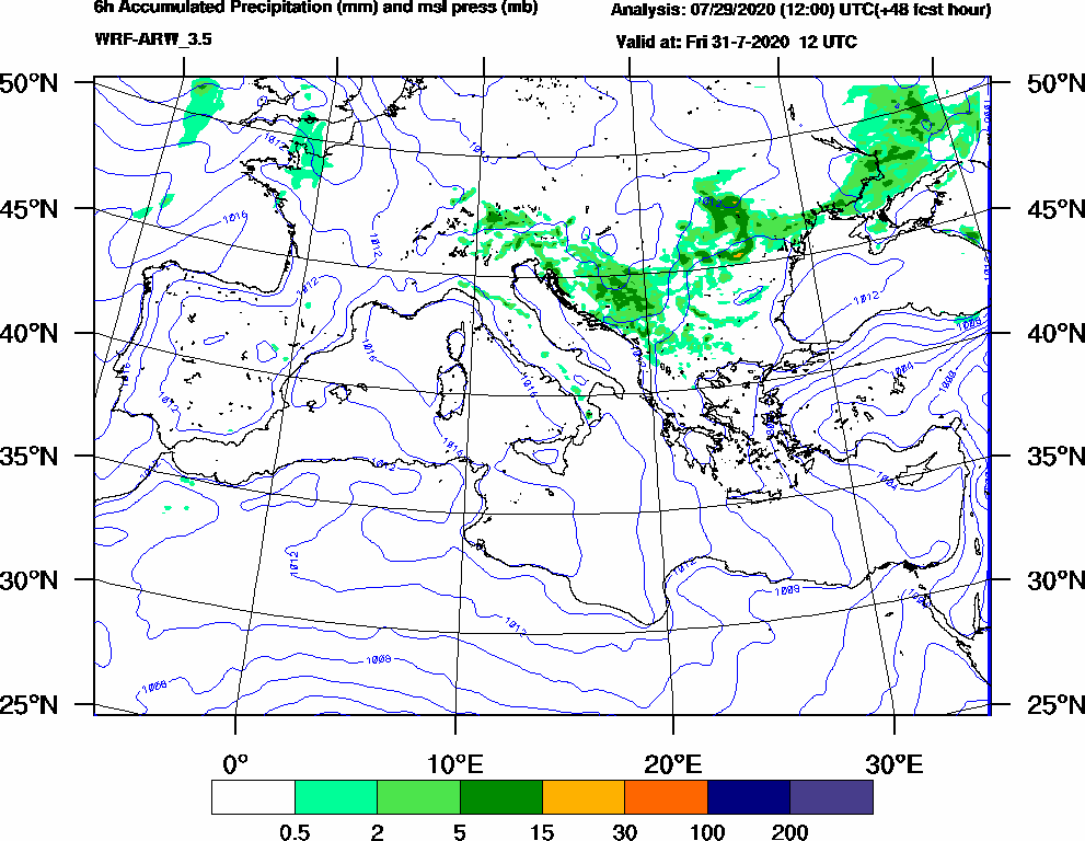 6h Accumulated Precipitation (mm) and msl press (mb) - 2020-07-31 06:00