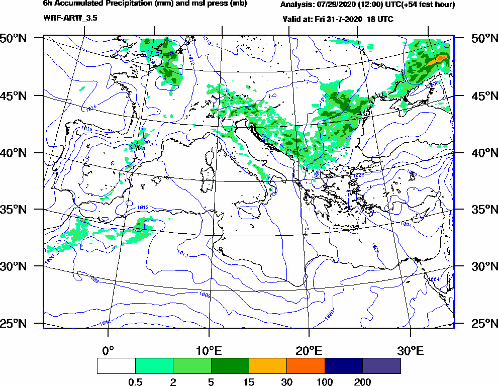 6h Accumulated Precipitation (mm) and msl press (mb) - 2020-07-31 12:00