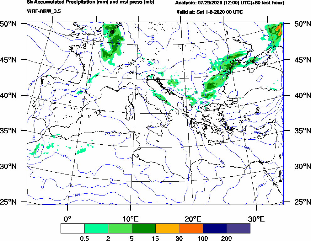 6h Accumulated Precipitation (mm) and msl press (mb) - 2020-07-31 18:00