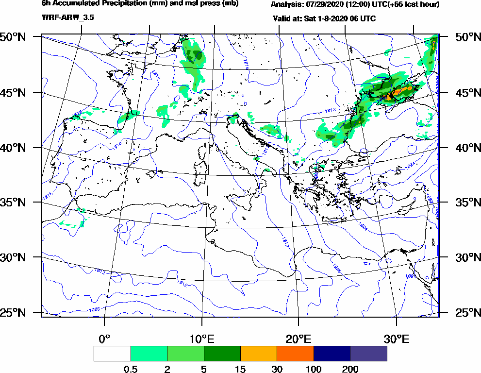6h Accumulated Precipitation (mm) and msl press (mb) - 2020-08-01 00:00