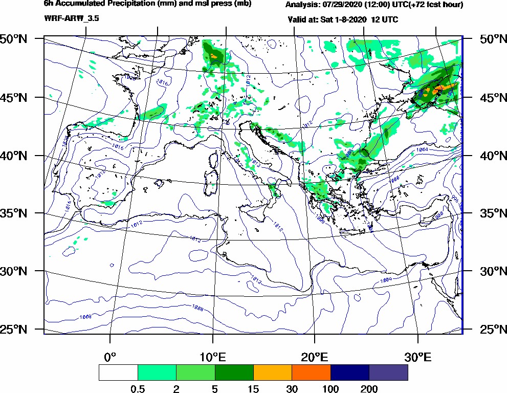 6h Accumulated Precipitation (mm) and msl press (mb) - 2020-08-01 06:00
