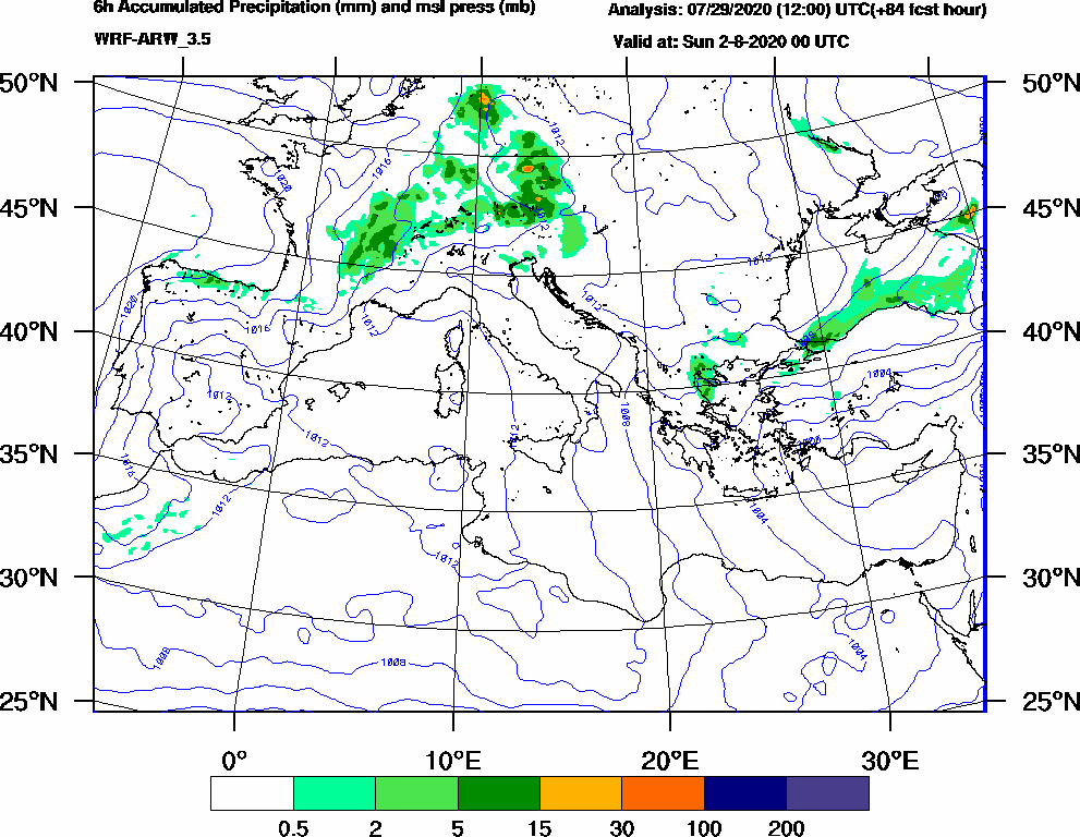 6h Accumulated Precipitation (mm) and msl press (mb) - 2020-08-01 18:00
