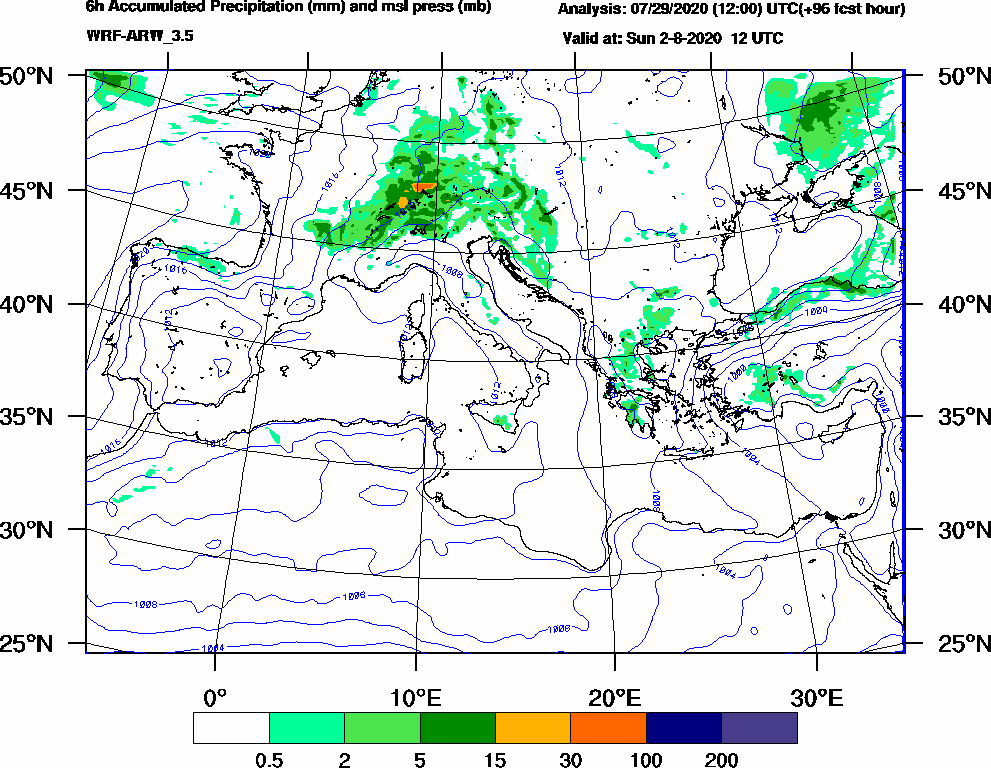 6h Accumulated Precipitation (mm) and msl press (mb) - 2020-08-02 06:00