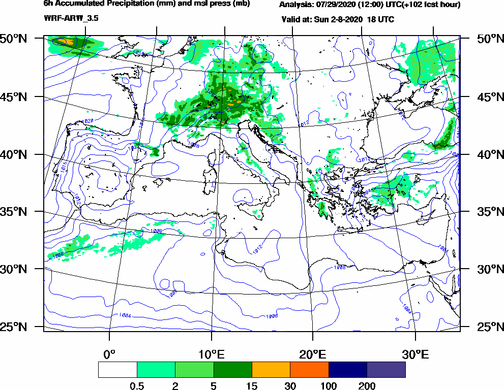 6h Accumulated Precipitation (mm) and msl press (mb) - 2020-08-02 12:00