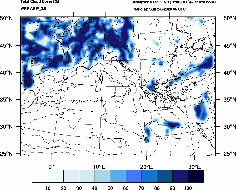 Total cloud cover (%) - 2020-08-02 00:00