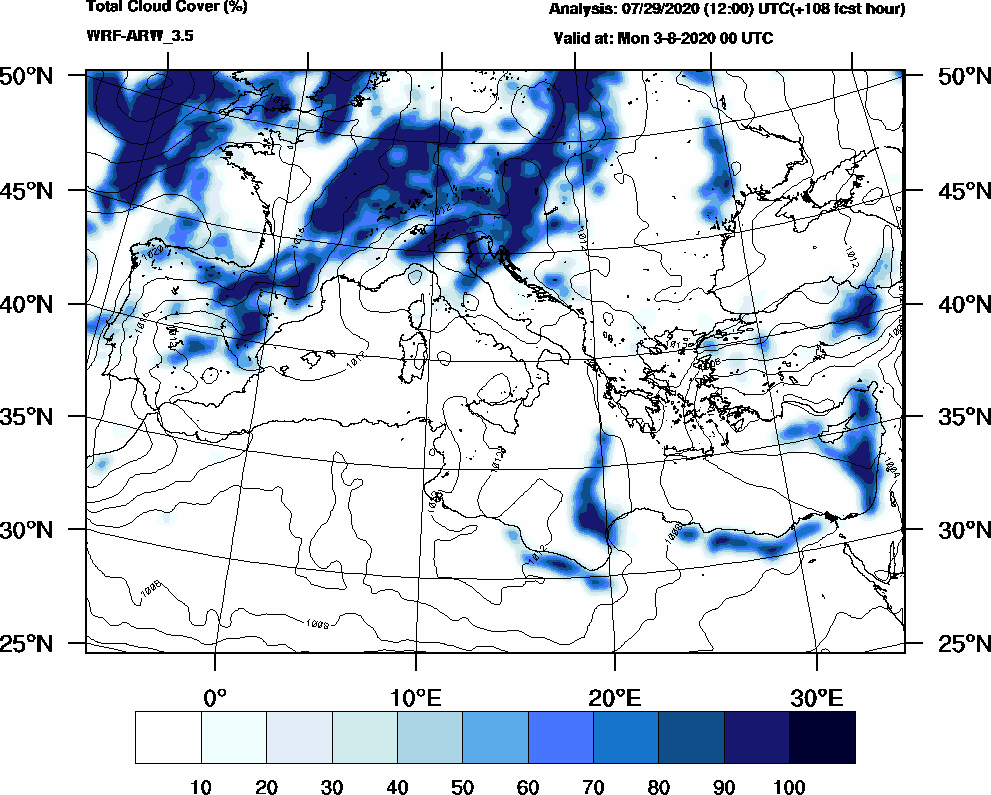 Total cloud cover (%) - 2020-08-02 18:00