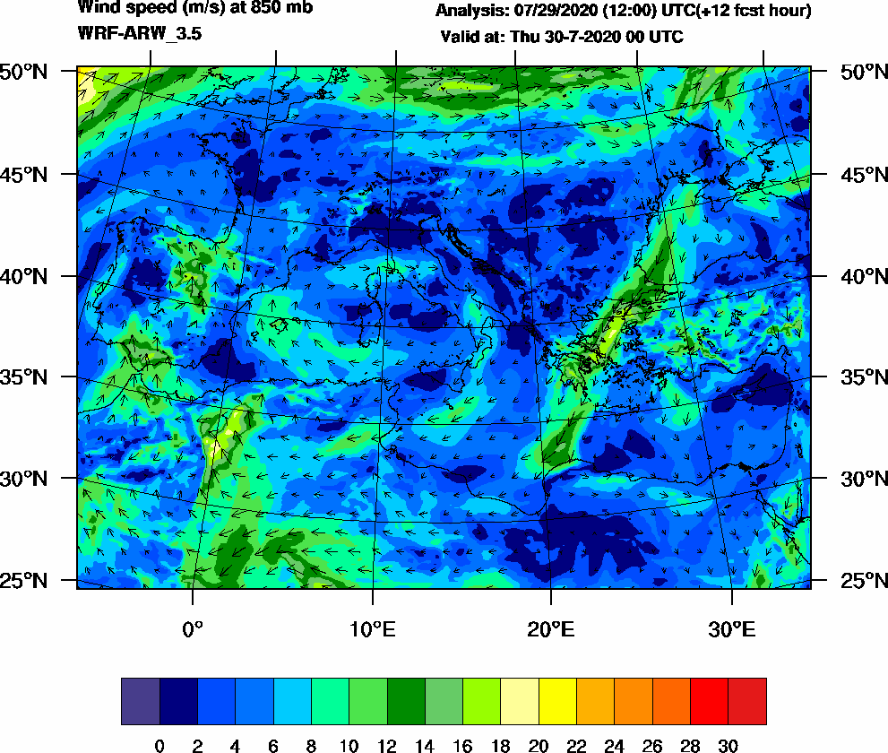 Wind speed (m/s) at 850 mb - 2020-07-30 00:00