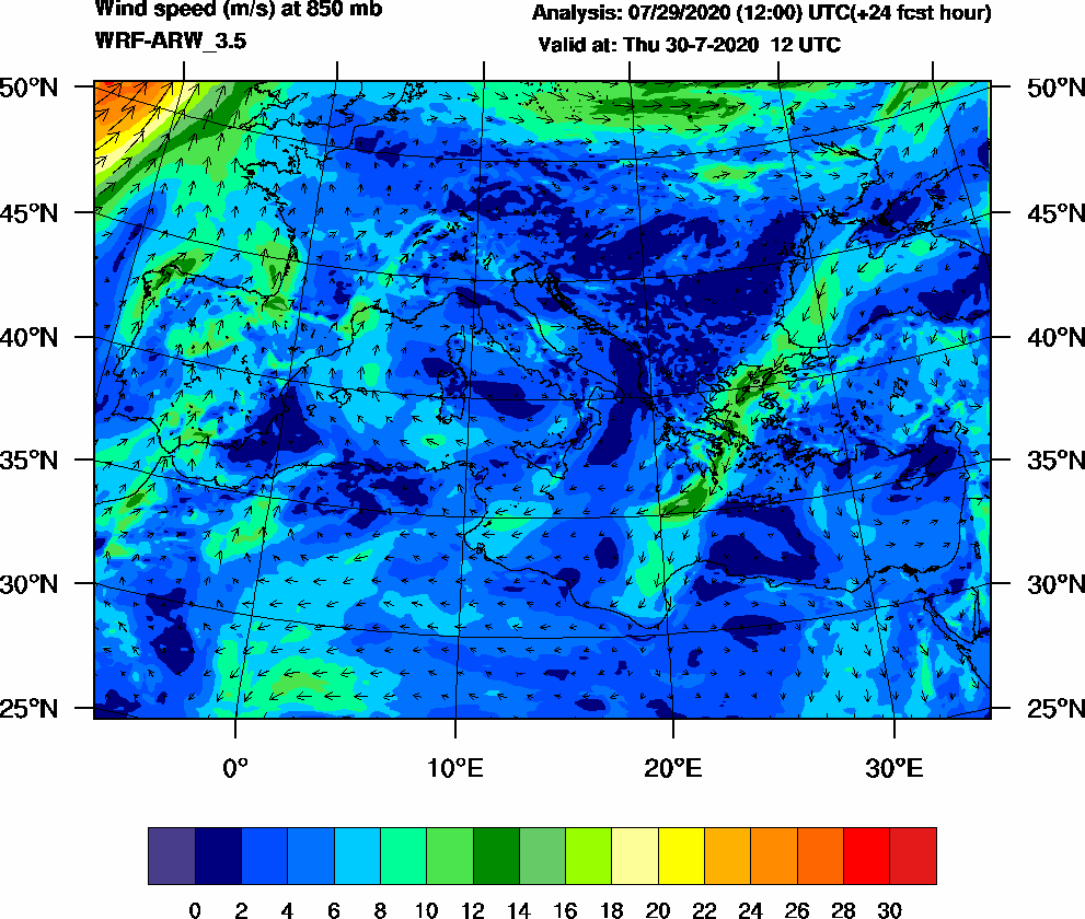 Wind speed (m/s) at 850 mb - 2020-07-30 12:00