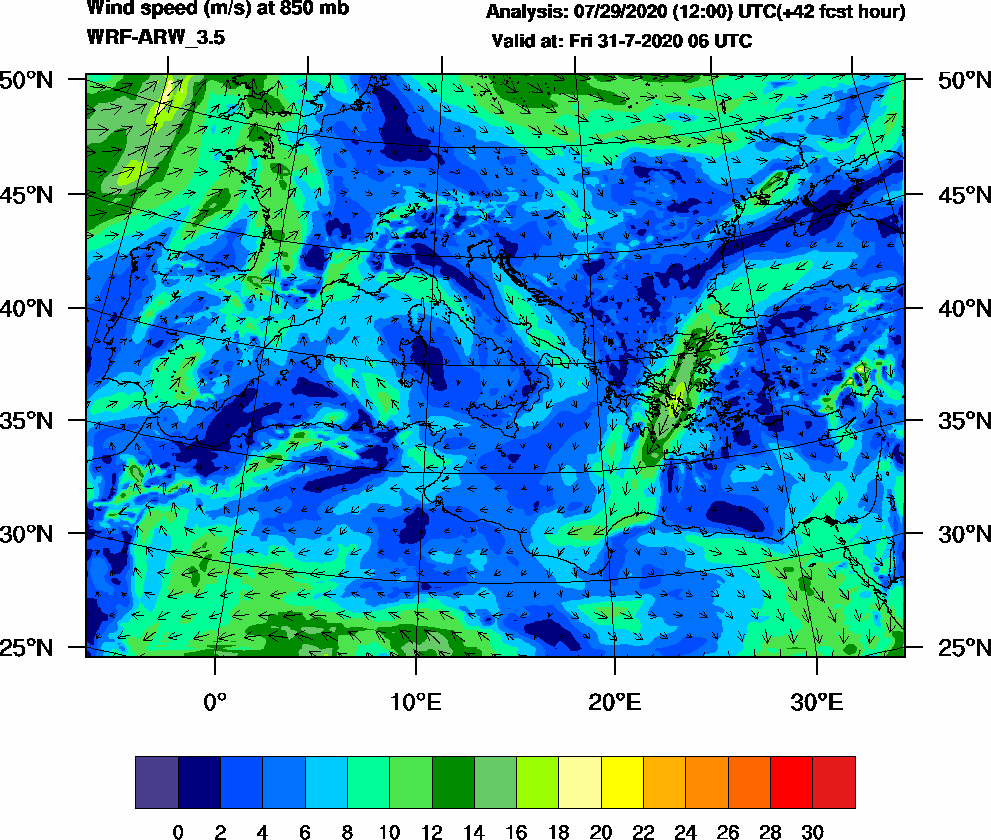 Wind speed (m/s) at 850 mb - 2020-07-31 06:00