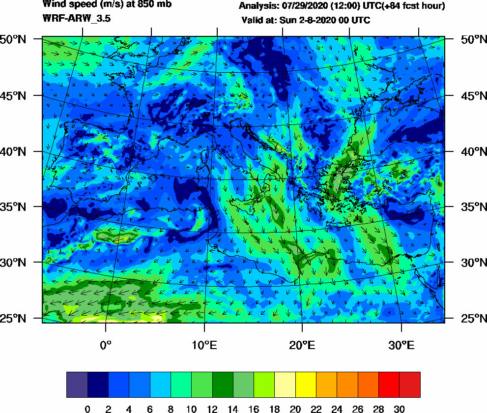 Wind speed (m/s) at 850 mb - 2020-08-02 00:00