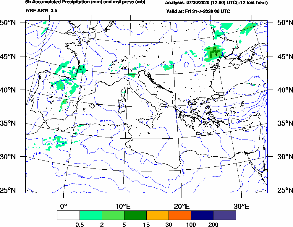 6h Accumulated Precipitation (mm) and msl press (mb) - 2020-07-30 18:00