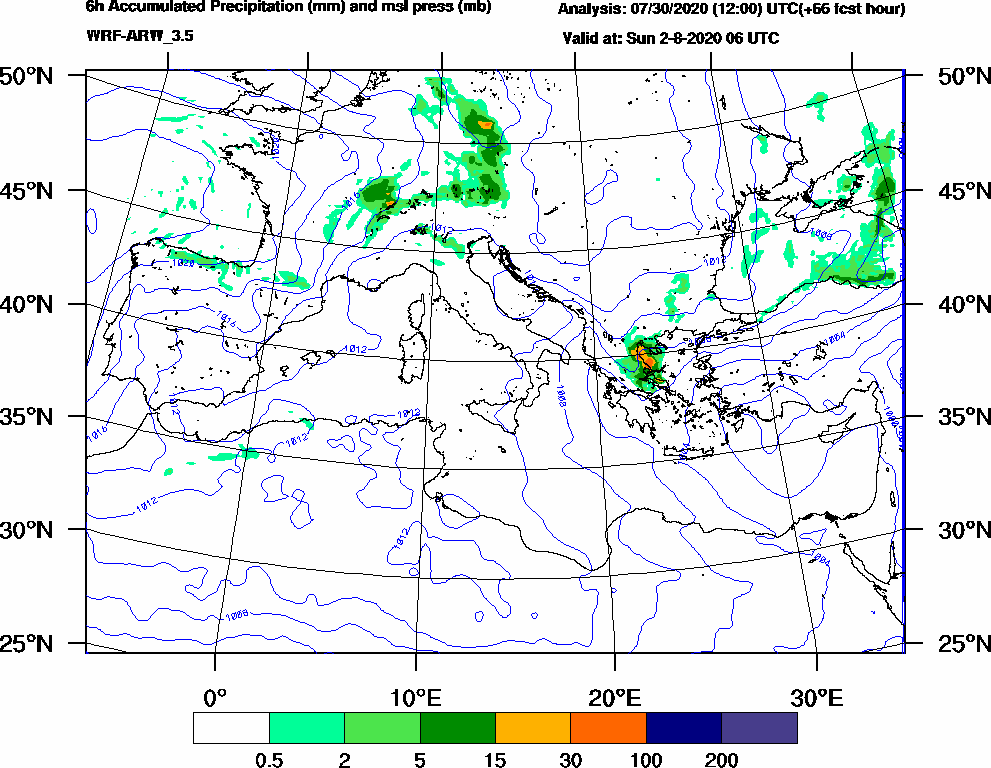 6h Accumulated Precipitation (mm) and msl press (mb) - 2020-08-02 00:00