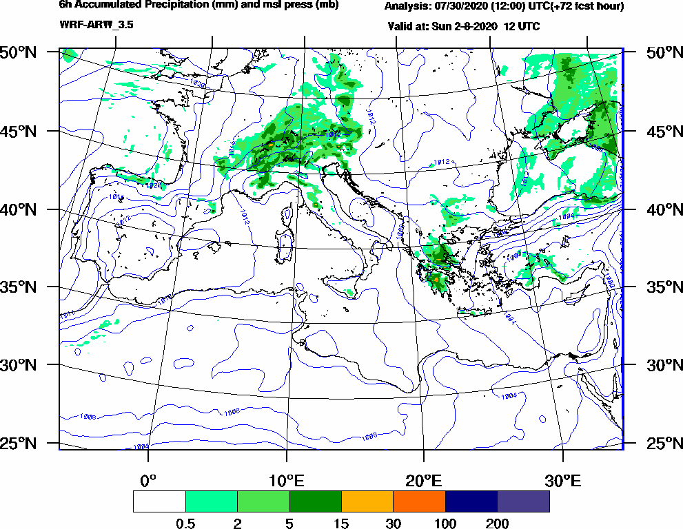 6h Accumulated Precipitation (mm) and msl press (mb) - 2020-08-02 06:00