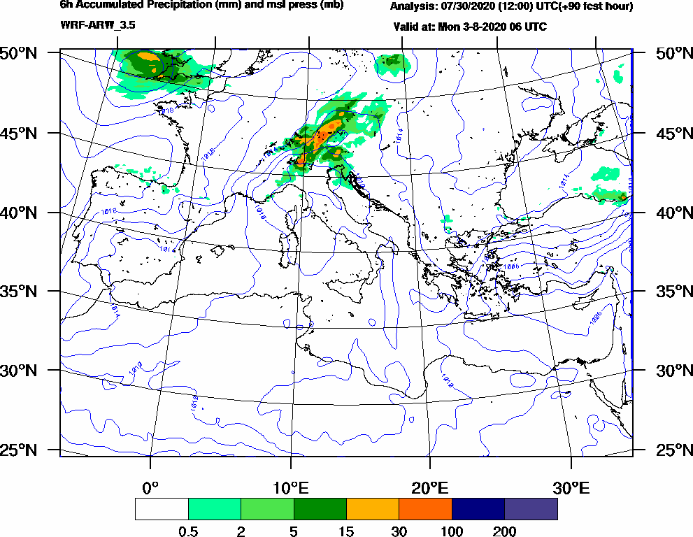 6h Accumulated Precipitation (mm) and msl press (mb) - 2020-08-03 00:00