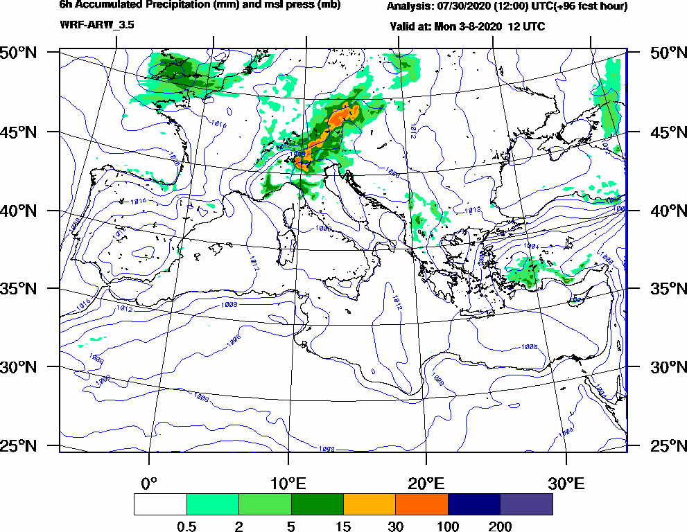 6h Accumulated Precipitation (mm) and msl press (mb) - 2020-08-03 06:00