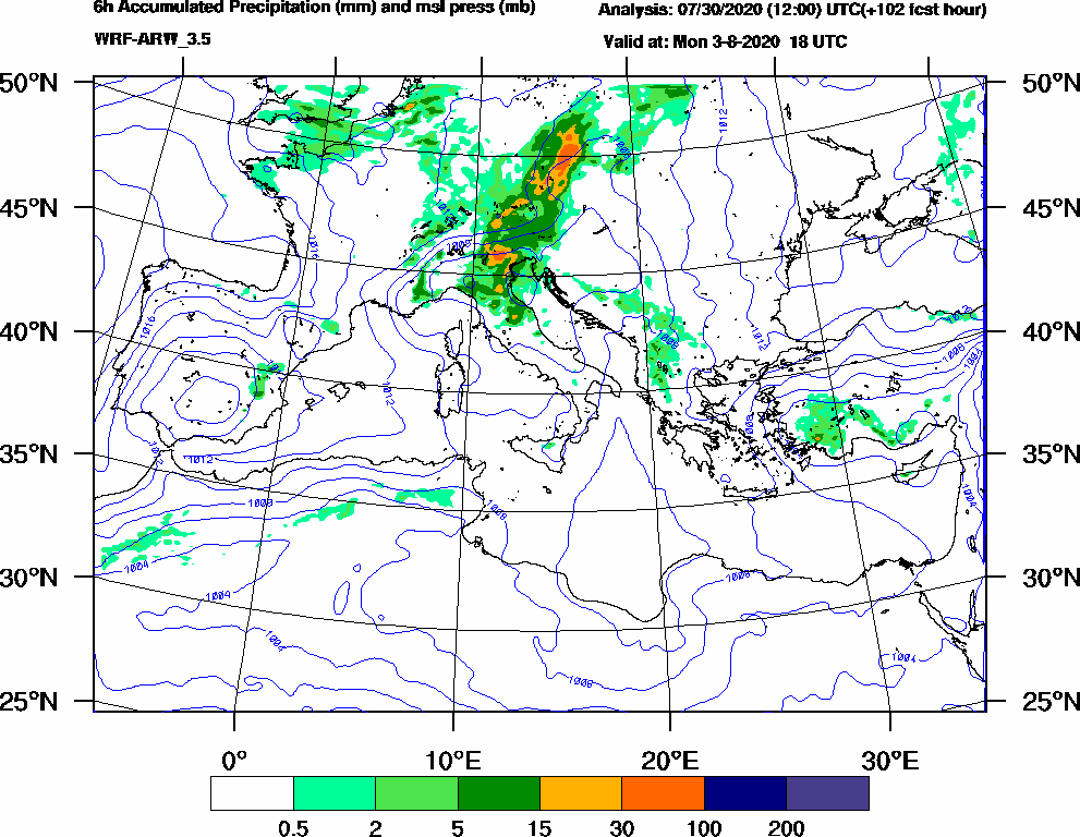 6h Accumulated Precipitation (mm) and msl press (mb) - 2020-08-03 12:00