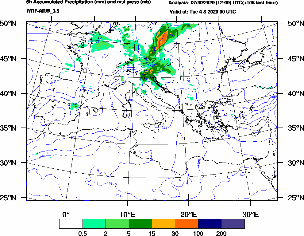 6h Accumulated Precipitation (mm) and msl press (mb) - 2020-08-03 18:00