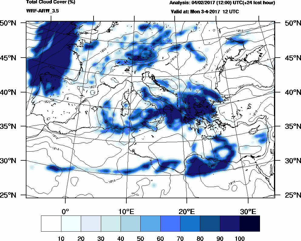 Total cloud cover (%) - 2017-04-03 06:00