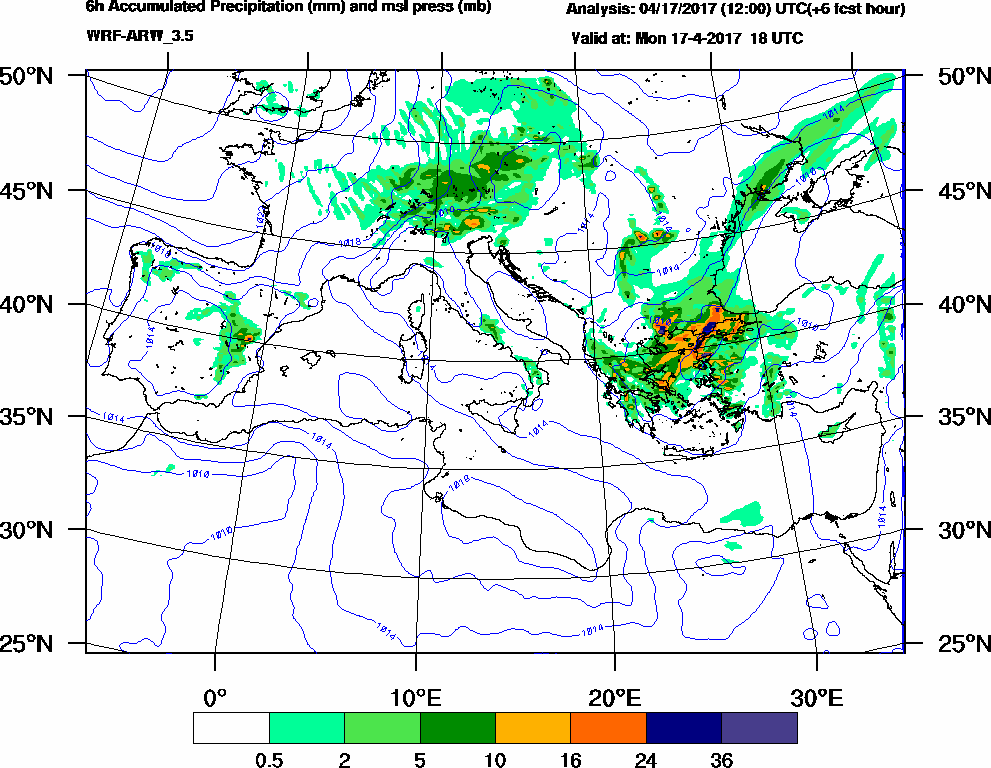 6h Accumulated Precipitation (mm) and msl press (mb) - 2017-04-17 12:00