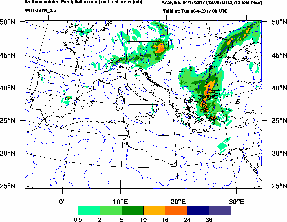 6h Accumulated Precipitation (mm) and msl press (mb) - 2017-04-17 18:00