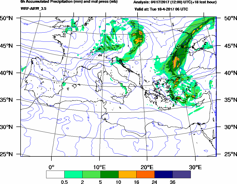 6h Accumulated Precipitation (mm) and msl press (mb) - 2017-04-18 00:00