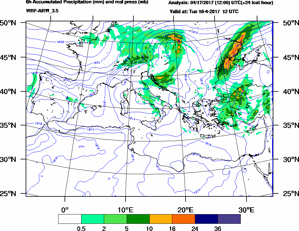 6h Accumulated Precipitation (mm) and msl press (mb) - 2017-04-18 06:00