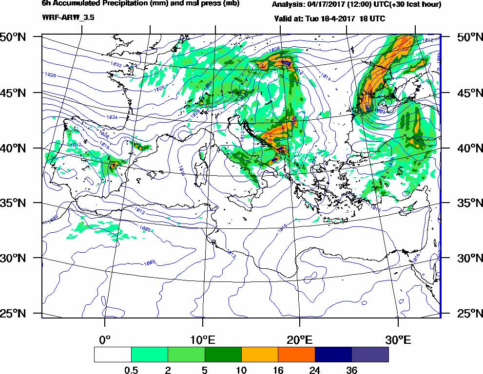 6h Accumulated Precipitation (mm) and msl press (mb) - 2017-04-18 12:00