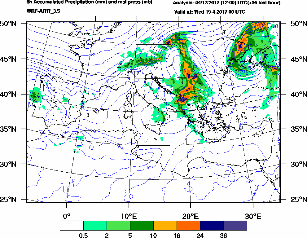 6h Accumulated Precipitation (mm) and msl press (mb) - 2017-04-18 18:00