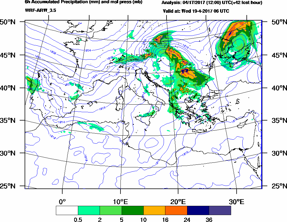 6h Accumulated Precipitation (mm) and msl press (mb) - 2017-04-19 00:00