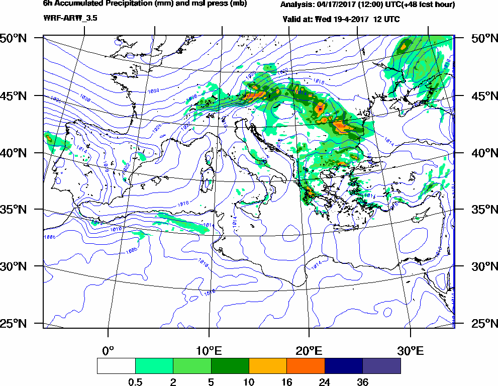 6h Accumulated Precipitation (mm) and msl press (mb) - 2017-04-19 06:00