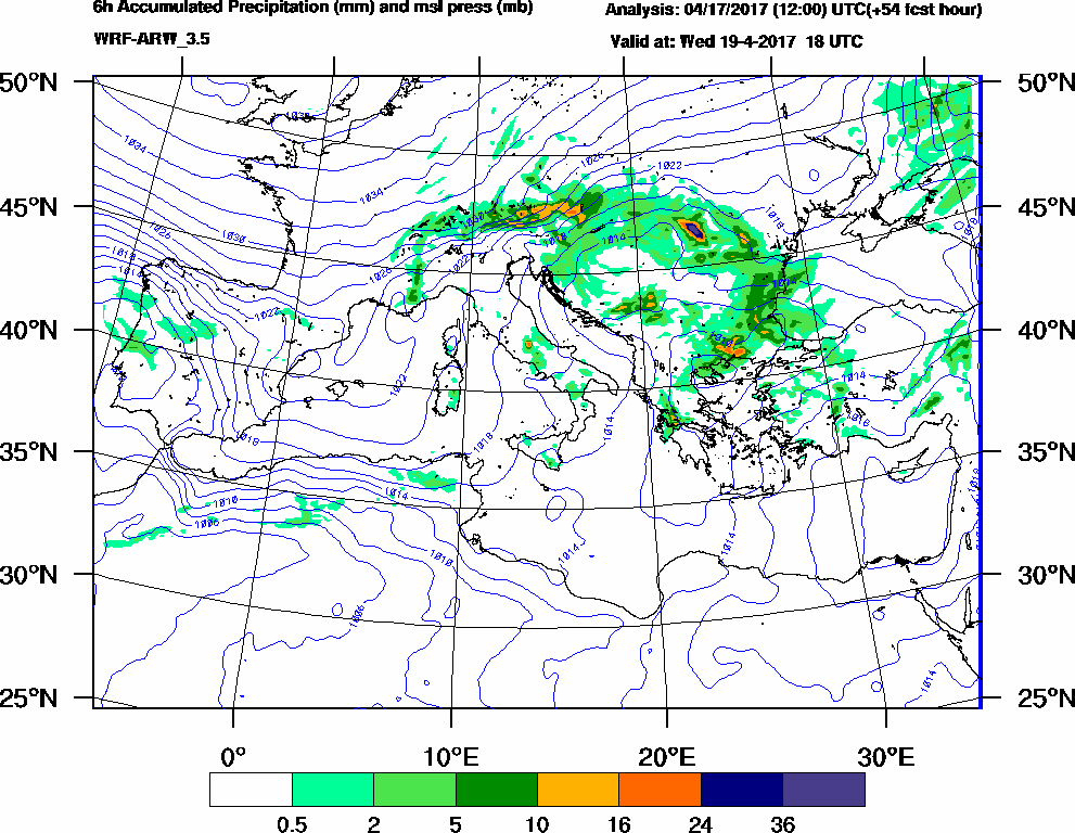 6h Accumulated Precipitation (mm) and msl press (mb) - 2017-04-19 12:00