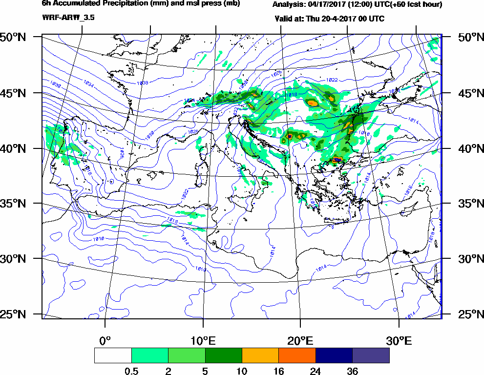 6h Accumulated Precipitation (mm) and msl press (mb) - 2017-04-19 18:00