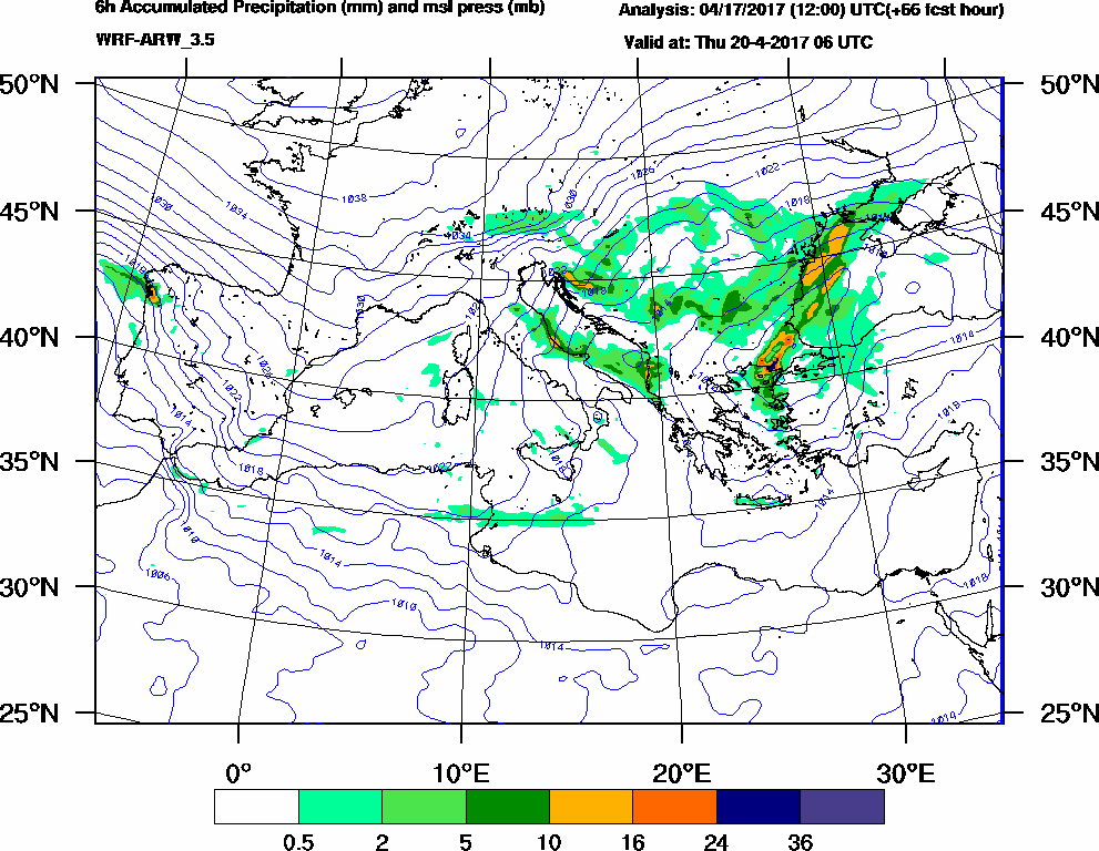 6h Accumulated Precipitation (mm) and msl press (mb) - 2017-04-20 00:00