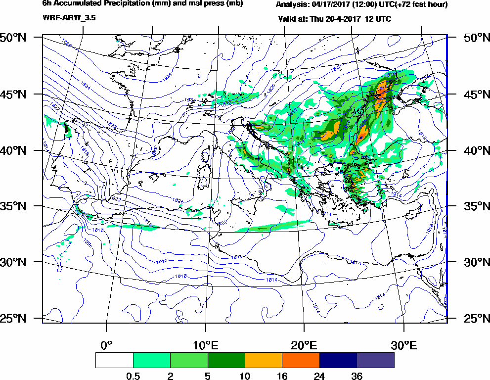 6h Accumulated Precipitation (mm) and msl press (mb) - 2017-04-20 06:00