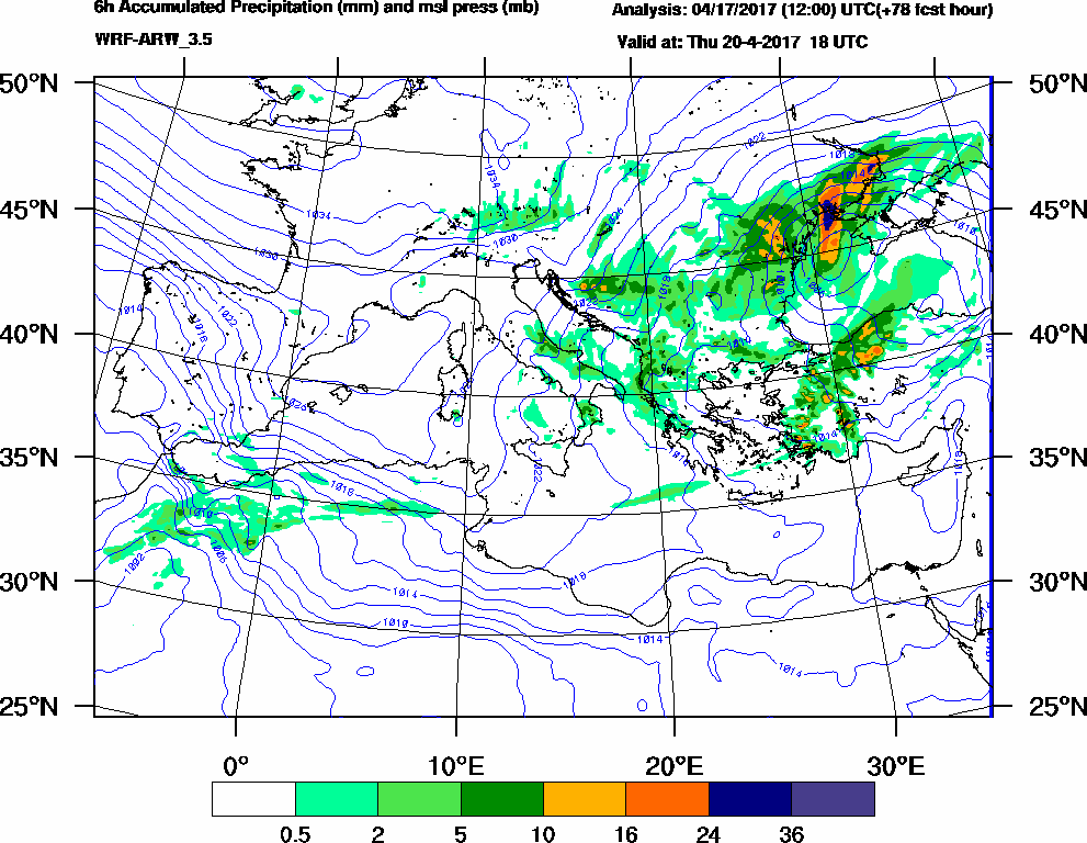 6h Accumulated Precipitation (mm) and msl press (mb) - 2017-04-20 12:00