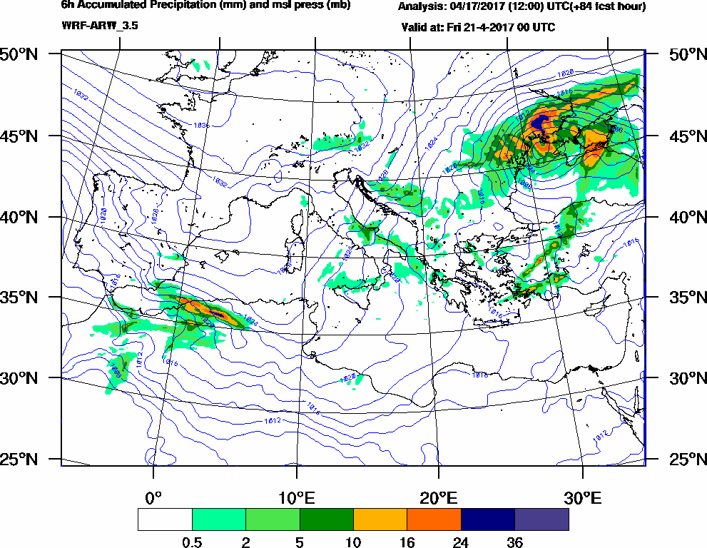 6h Accumulated Precipitation (mm) and msl press (mb) - 2017-04-20 18:00