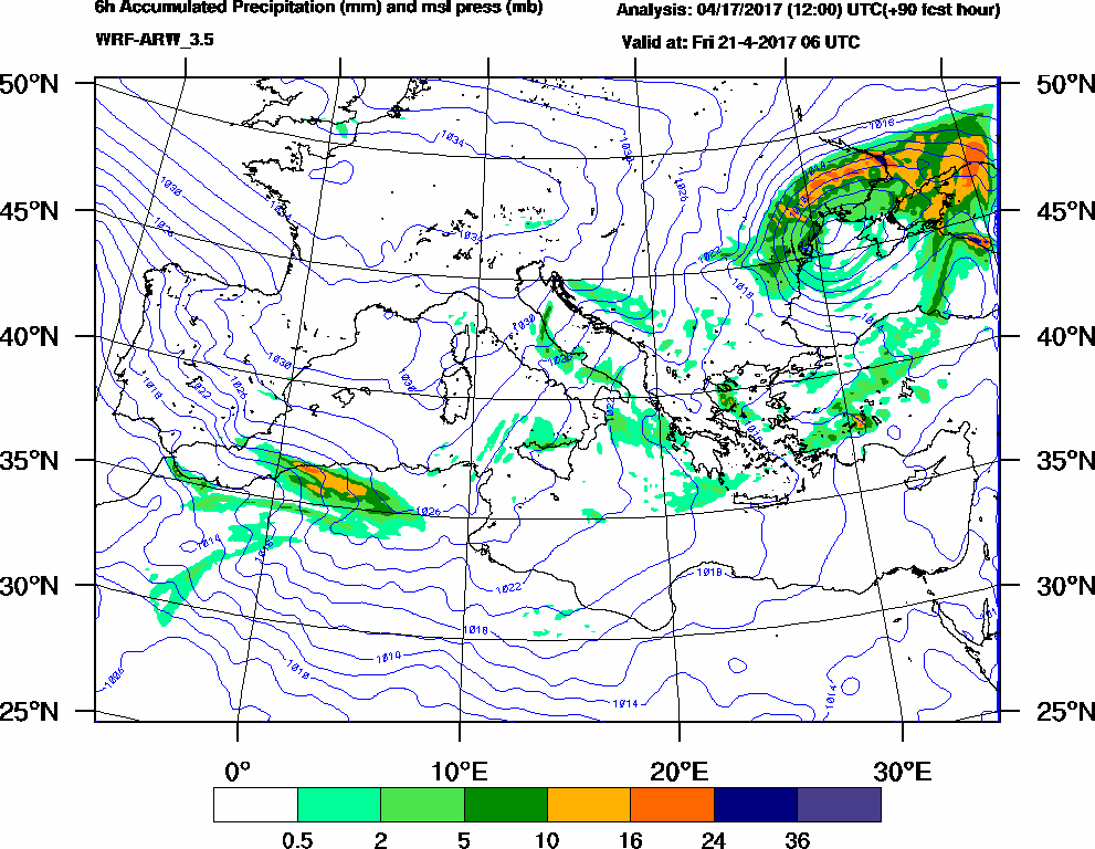 6h Accumulated Precipitation (mm) and msl press (mb) - 2017-04-21 00:00